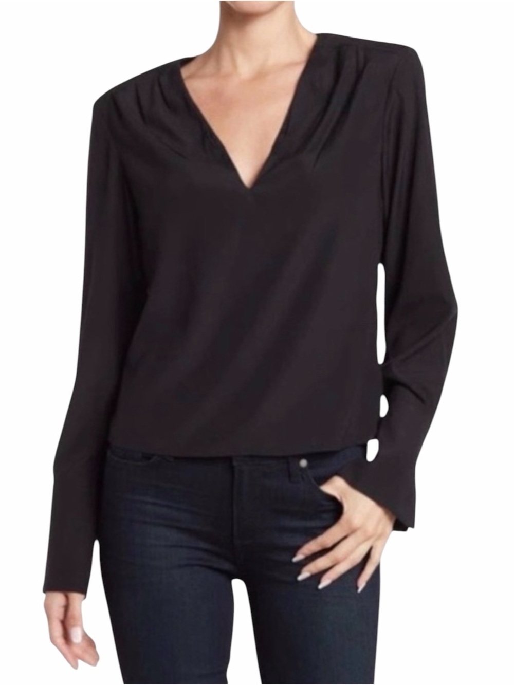 Frame Women's SILK PLEATED V-NECK LONG SLEEVE BLOUSE TOP - NOIR Size Small